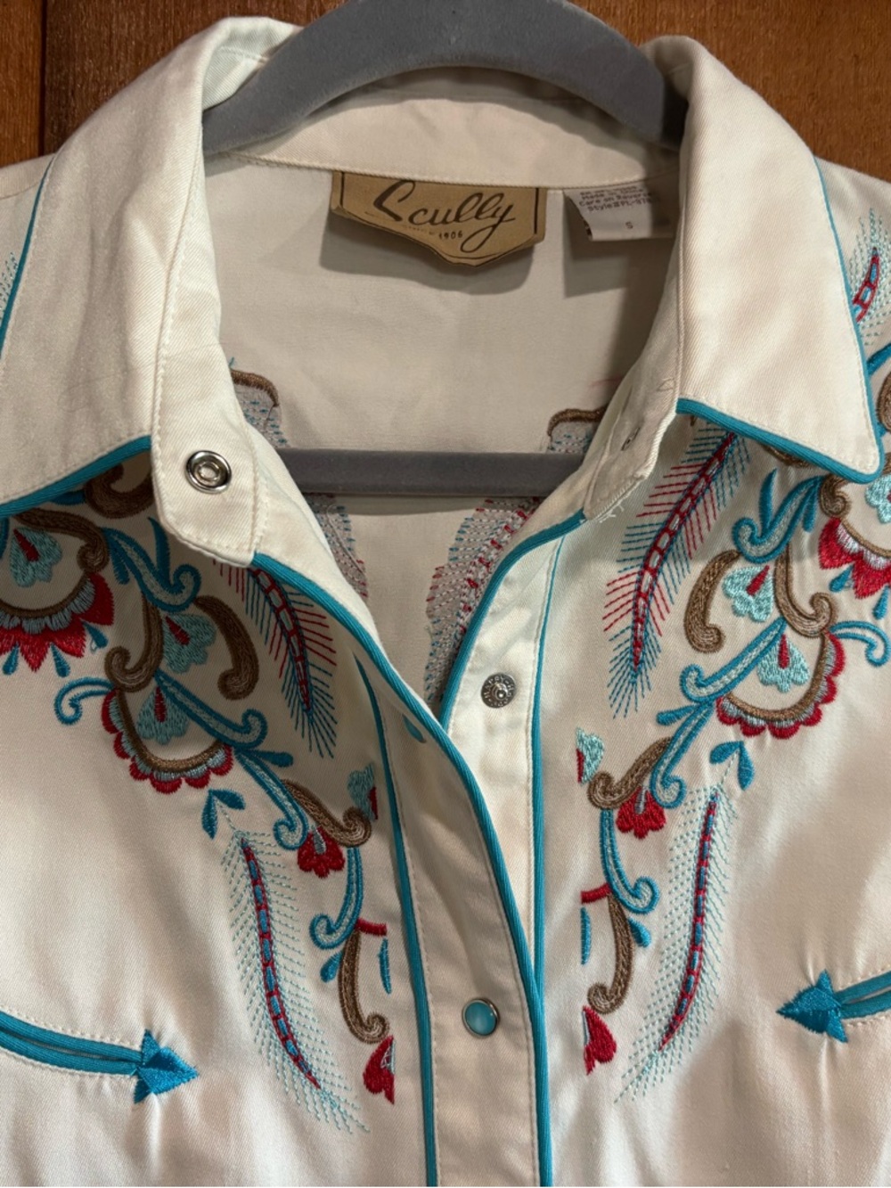 Scully Vintage Off White Floral Embroidered Pearl Snap Western Shirt Small - Picture 4 of 7